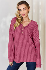 Ribbed Half Button Long Sleeve Tee