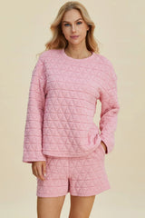 Textured Round Neck Long Sleeve Top and Shorts Set