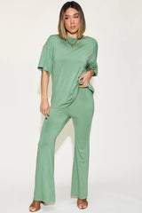 Bamboo Drop Shoulder Tee and Flare Pants Set
