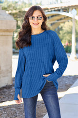 Ribbed Round Neck Long Sleeve Knit Top in Cotton