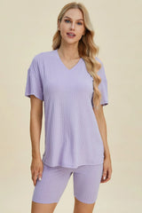 Ribbed V-Neck Top and Shorts Set