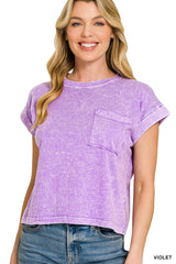 Snow Washed Cotton Cuffed Short Sleeve Top