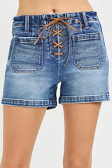 High Rise Tie Front Shorts with Patch Pockets