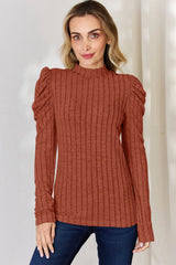 Ribbed Mock Neck Puff Sleeve Tee