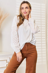 Eyelet Dropped Shoulder Round Neck Blouse