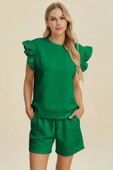 Textured Round Neck Ruffle Sleeve Top and Shorts Set
