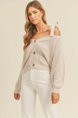Off Shoulder Tie Strap Button Down Sweater