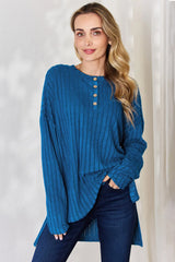 Ribbed Half Button Long Sleeve High Low Tee