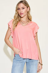 Bamboo Notched Ruffle Sleeve Tee