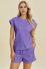 Pocketed Textured Round Neck Top and Shorts Set