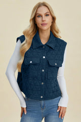 Pocketed Textured Snap Down Vest Coat
