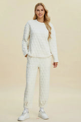 Textured Round Neck Long Sleeve Top and Pants Set