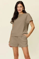 Textured Short Sleeve Tee and Drawstring Shorts Set