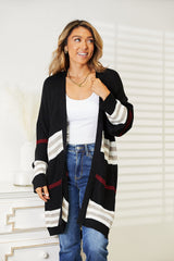 Striped Rib Knit Drop Shoulder Open Front Cardigan