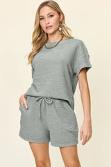 Textured Tee and Drawstring Shorts Set